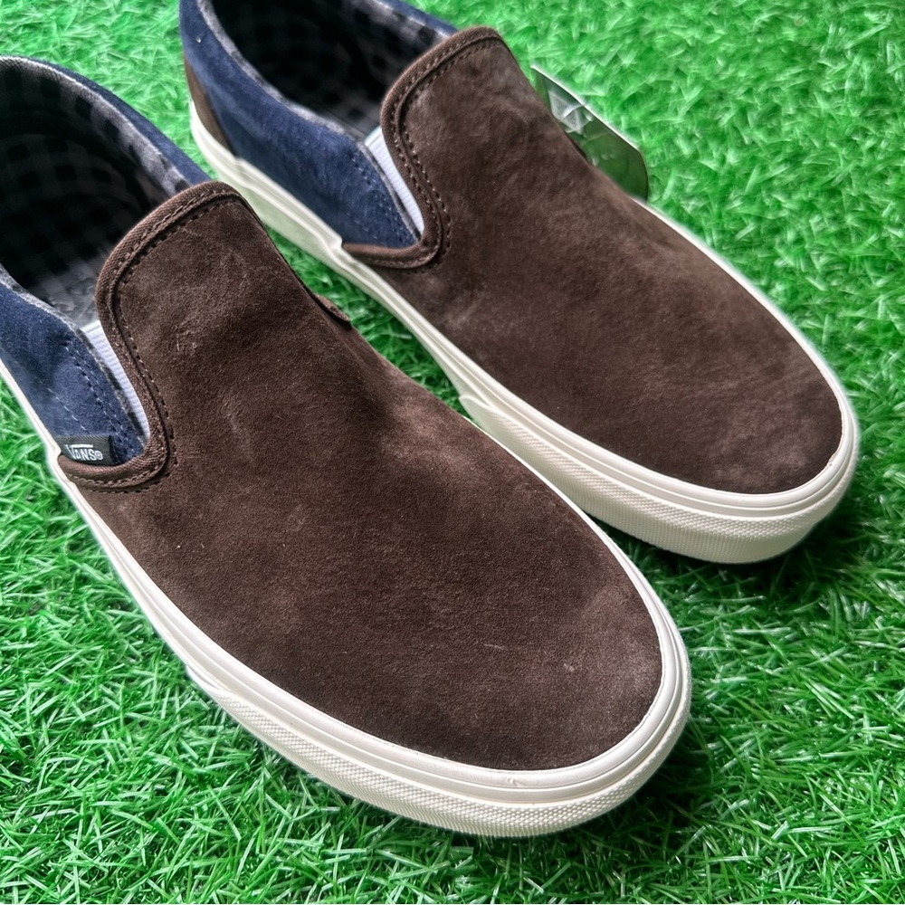Vans Classic Slip On Pig Suede Plaid Brown Navy - Picture 6 of 10